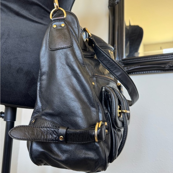 Kate Landry Black Leather Shoulder Bag with Gold Accents - Picture 3 of 12